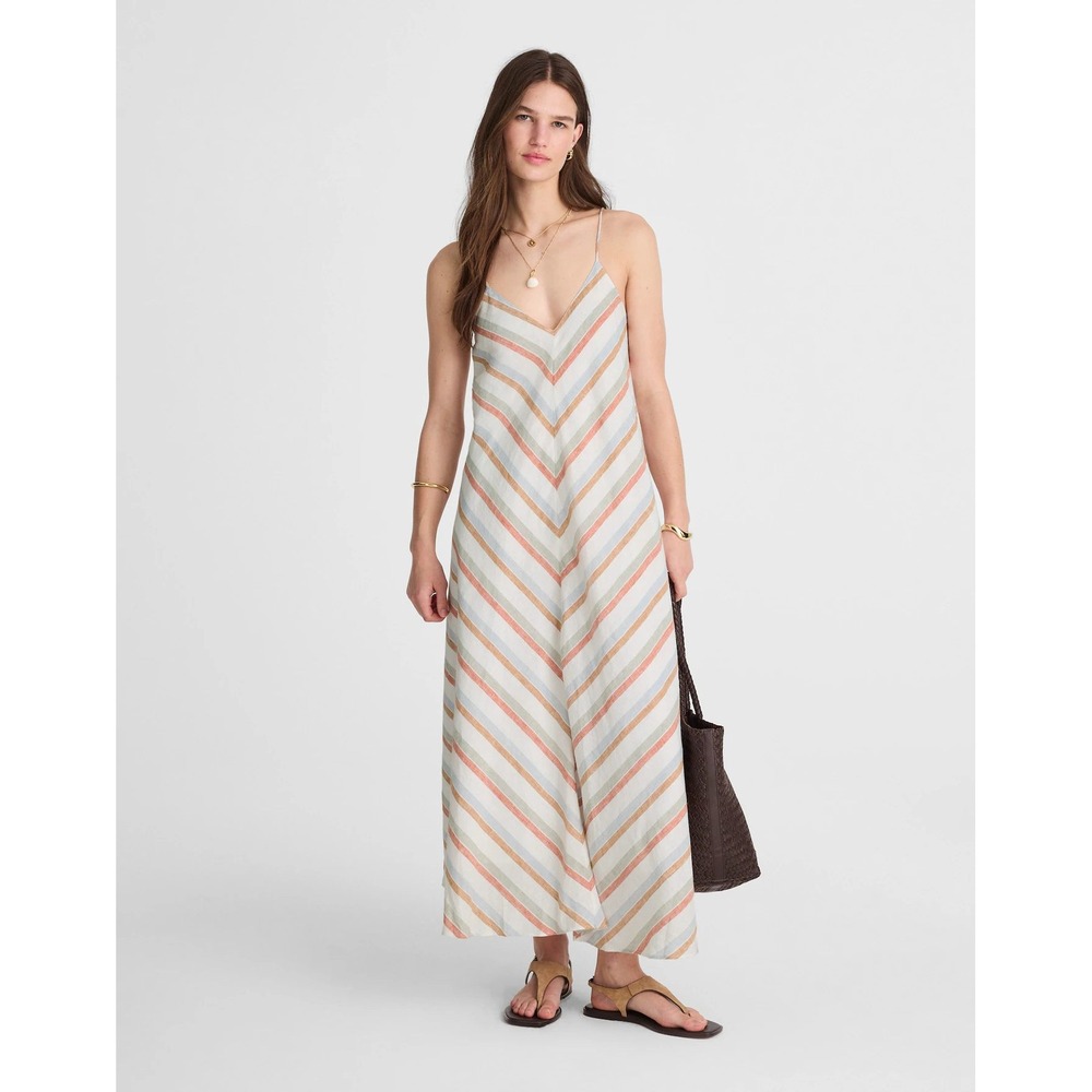Madewell Striped V Neck Midi‎ Dress Linen Stripe Sz XL Preppy Coastal Minimalist